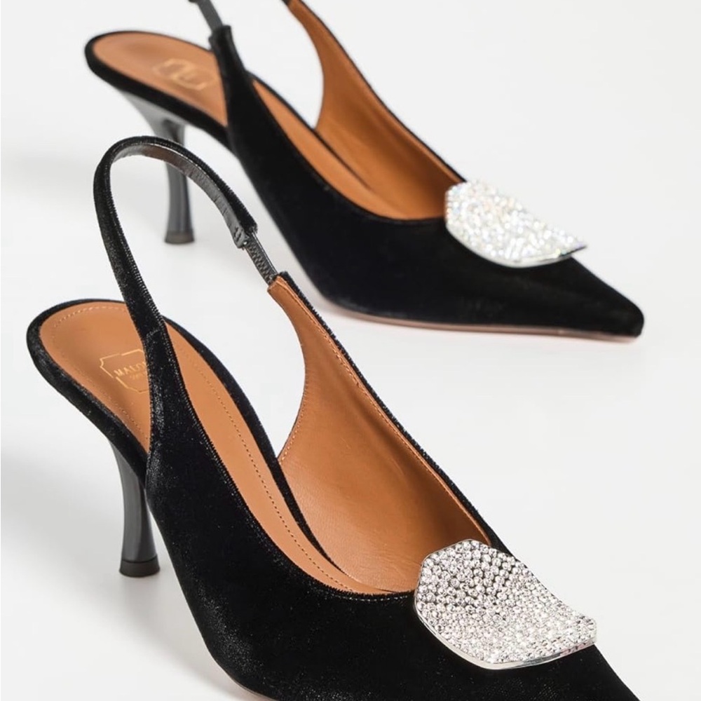 Malone Souliers Black Velvet Slingback Pumps with Crystal Octagon Buckles